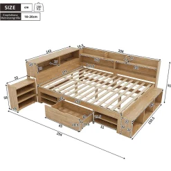 Lit enfant 140x200 cm, bois massif, tiroirs, armoire, recharge sans fil - naturel