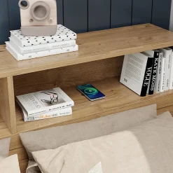 Lit enfant 140x200 cm, bois massif, tiroirs, armoire, recharge sans fil - naturel