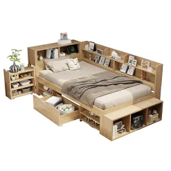 Lit enfant 90x200 cm, bois massif, tables de chevet, étagères, recharge sans fil - naturel