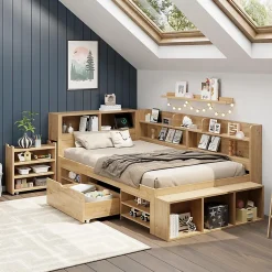 Lit enfant 90x200 cm, bois massif, tables de chevet, étagères, recharge sans fil - naturel