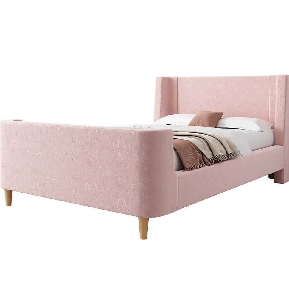 Lit enfant 90x200 cm capitonné en velours Rose (matelas non inclus)