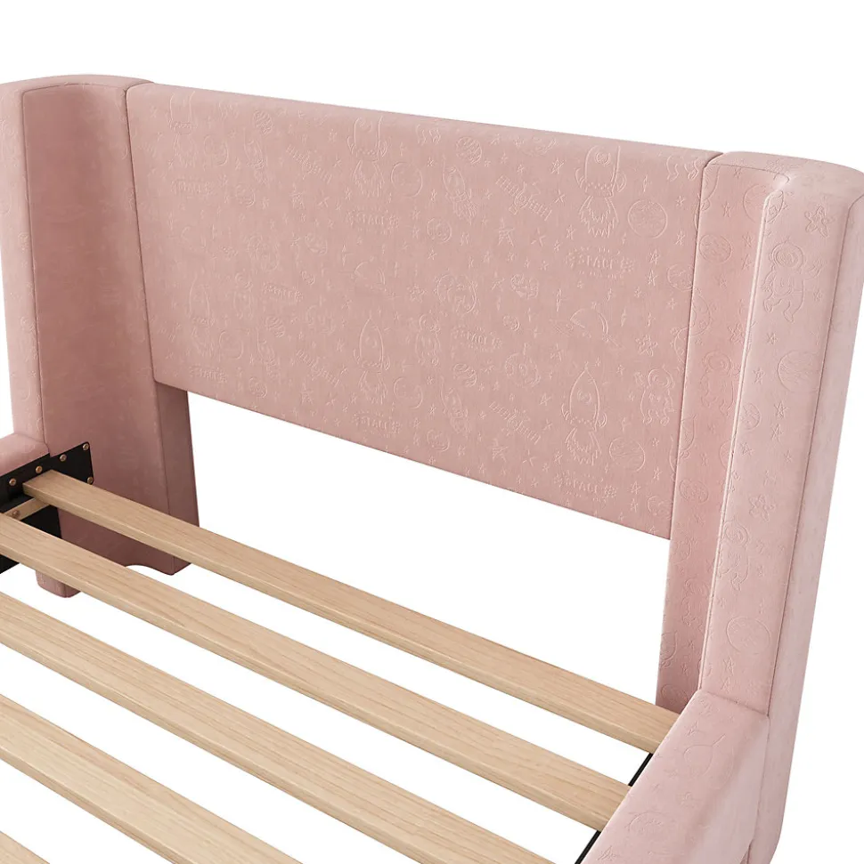 Lit enfant 90x200 cm capitonné en velours Rose (matelas non inclus)