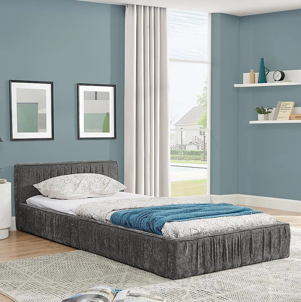 Lit enfant 90x200 cm, chenille veloutée, bois eucalyptus - gris foncé