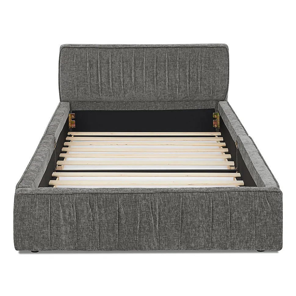 Lit enfant 90x200 cm, chenille veloutée, bois eucalyptus - gris foncé