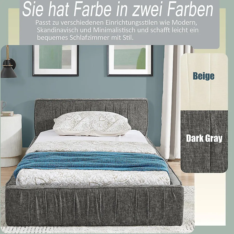 Lit enfant 90x200 cm, chenille veloutée, bois eucalyptus - gris foncé