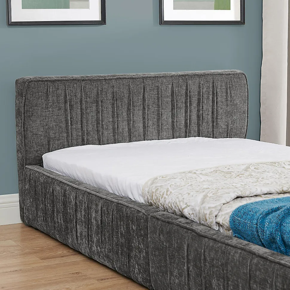 Lit enfant 90x200 cm, chenille veloutée, bois eucalyptus - gris foncé