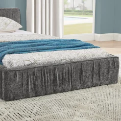 Lit enfant 90x200 cm, chenille veloutée, bois eucalyptus - gris foncé