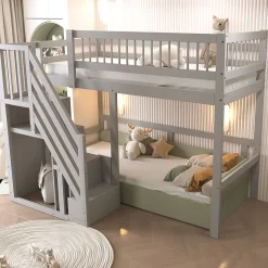 Lit enfant 90x200 cm en bois massif gris avec escalier et rangement intégré, lit pratique et solide pour enfants et adolescents