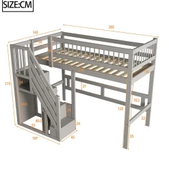 Lit enfant 90x200 cm en bois massif gris avec escalier et rangement intégré, lit pratique et solide pour enfants et adolescents