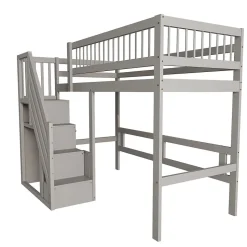 Lit enfant 90x200 cm en bois massif gris avec escalier et rangement intégré, lit pratique et solide pour enfants et adolescents