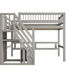 Lit enfant 90x200 cm en bois massif gris avec escalier et rangement intégré, lit pratique et solide pour enfants et adolescents
