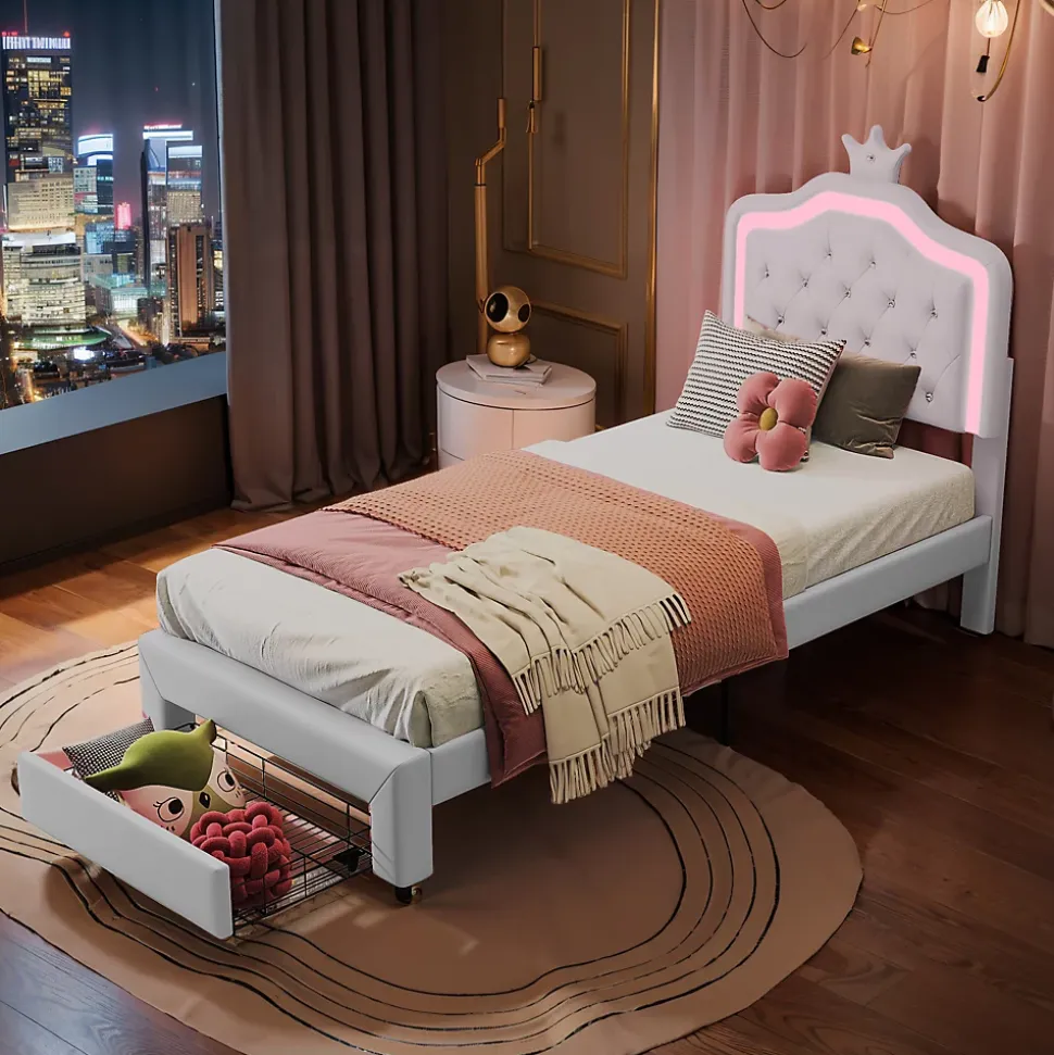 Lit enfant 90x200 cm, lit simple avec sommier à lattes, tiroirs, LED, lit princesse avec couronne, blanc