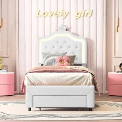 Lit enfant 90x200 cm, lit simple avec sommier à lattes, tiroirs, LED, lit princesse avec couronne, blanc