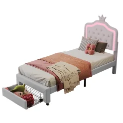 Lit enfant 90x200 cm, lit simple avec sommier à lattes, tiroirs, LED, lit princesse avec couronne, blanc