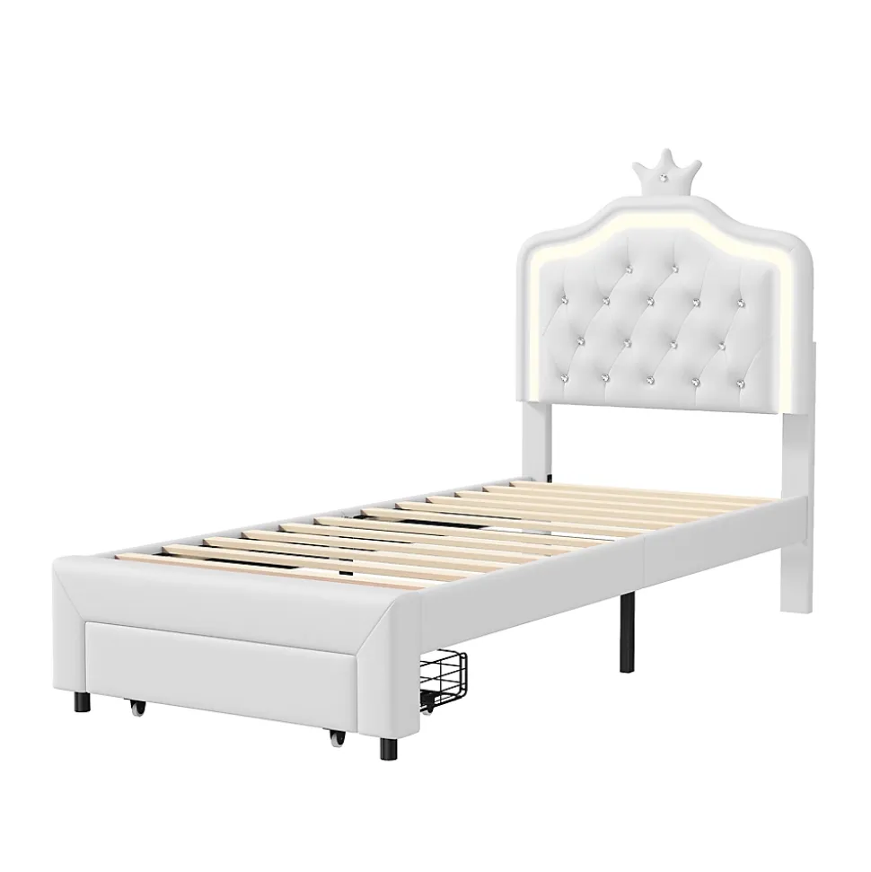 Lit enfant 90x200 cm, lit simple avec sommier à lattes, tiroirs, LED, lit princesse avec couronne, blanc