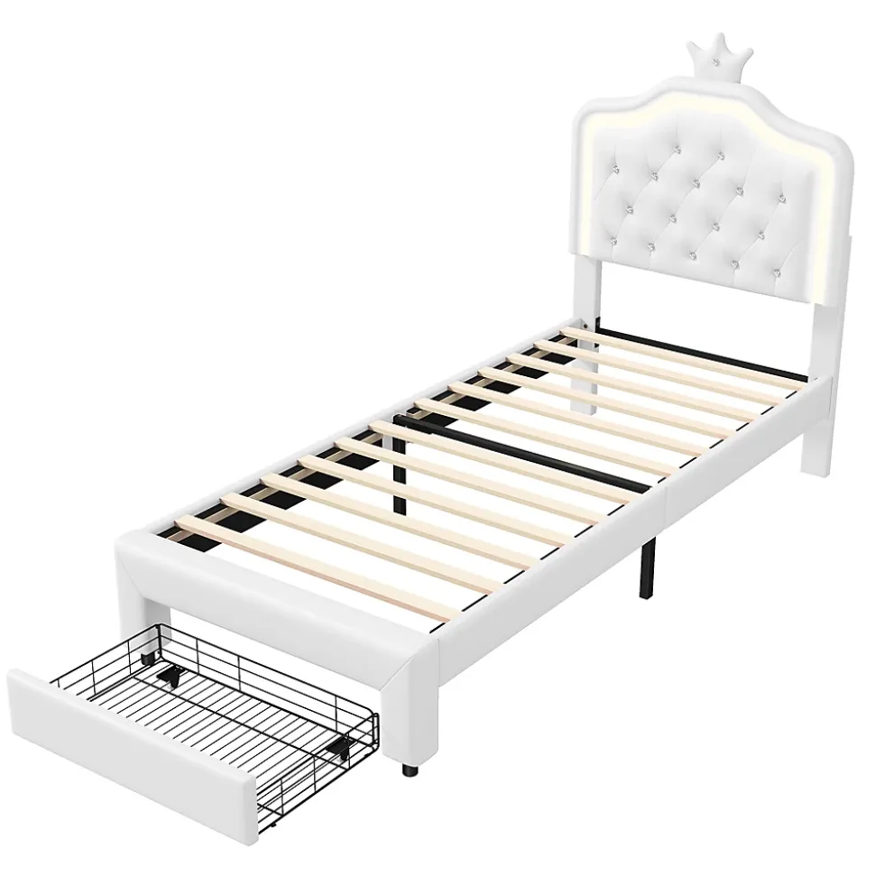 Lit enfant 90x200 cm, lit simple avec sommier à lattes, tiroirs, LED, lit princesse avec couronne, blanc