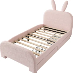 Lit enfant 90x200 cm rembourré laine rose avec tête cartoon lapin et 2 tiroirs de rangement, Pratique et ludique