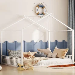 Lit enfant 140x200 cm sans matelas, cadre en métal avec tête de lit en forme de maison, confortable, blanc