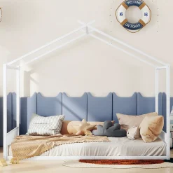 Lit enfant 140x200 cm sans matelas, cadre en métal avec tête de lit en forme de maison, confortable, blanc