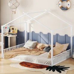 Lit enfant 140x200 cm sans matelas, cadre en métal avec tête de lit en forme de maison, confortable, blanc