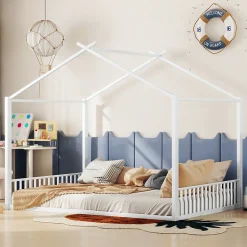 Lit enfant 140x200 cm sans matelas, cadre en métal avec tête de lit en forme de maison, confortable, blanc