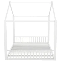 Lit enfant 140x200 cm sans matelas, cadre en métal avec tête de lit en forme de maison, confortable, blanc