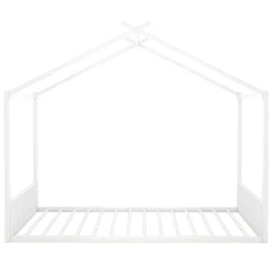 Lit enfant 140x200 cm sans matelas, cadre en métal avec tête de lit en forme de maison, confortable, blanc