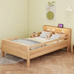 Lit enfant 90x200 cm simple avec USB/Type-C, LED et tête de lit rangement, pin massif et MDF naturel, sans matelas