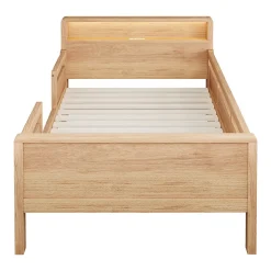 Lit enfant 90x200 cm simple avec USB/Type-C, LED et tête de lit rangement, pin massif et MDF naturel, sans matelas