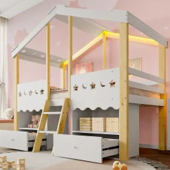 Lit enfant 90x200 cm simple mi-hauteur avec cabane, tiroirs pratiques et éclairage LED, pin+MDF blanc et bois clair