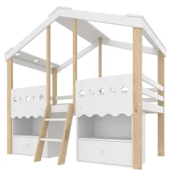 Lit enfant 90x200 cm simple mi-hauteur avec cabane, tiroirs pratiques et éclairage LED, pin+MDF blanc et bois clair