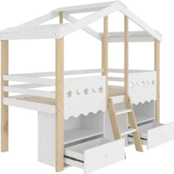 Lit enfant 90x200 cm simple mi-hauteur avec cabane, tiroirs pratiques et éclairage LED, pin+MDF blanc et bois clair