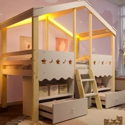 Lit enfant 90x200 cm simple mi-hauteur avec cabane, tiroirs pratiques et éclairage LED, pin+MDF blanc et bois clair