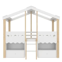 Lit enfant 90x200 cm simple mi-hauteur avec cabane, tiroirs pratiques et éclairage LED, pin+MDF blanc et bois clair
