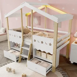 Lit enfant 90x200 cm simple mi-hauteur avec cabane, tiroirs pratiques et éclairage LED, pin+MDF blanc et bois clair