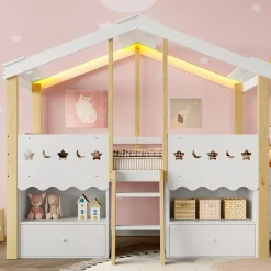 Lit enfant 90x200 cm simple mi-hauteur avec cabane, tiroirs pratiques et éclairage LED, pin+MDF blanc et bois clair