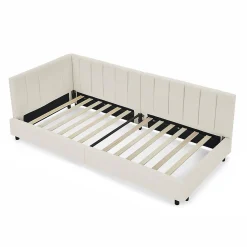 Lit enfant 90x200 cm, velours, dossier haut - beige