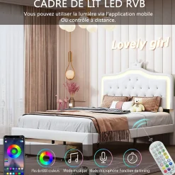 lit enfant 140x200 cm,lit simple capitonné 140 x 200 avec tiroir,LED réglable,lit princesse avec couronne,PU,blanc