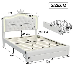 lit enfant 140x200 cm,lit simple capitonné 140 x 200 avec tiroir,LED réglable,lit princesse avec couronne,PU,blanc