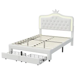 lit enfant 140x200 cm,lit simple capitonné 140 x 200 avec tiroir,LED réglable,lit princesse avec couronne,PU,blanc