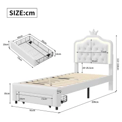 lit enfant 90x200 cm,lit simple capitonné 90 x 200 avec tiroir,LED réglable,lit princesse avec couronne,PU,blanc
