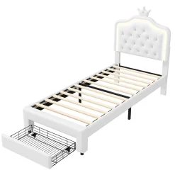 lit enfant 90x200 cm,lit simple capitonné 90 x 200 avec tiroir,LED réglable,lit princesse avec couronne,PU,blanc