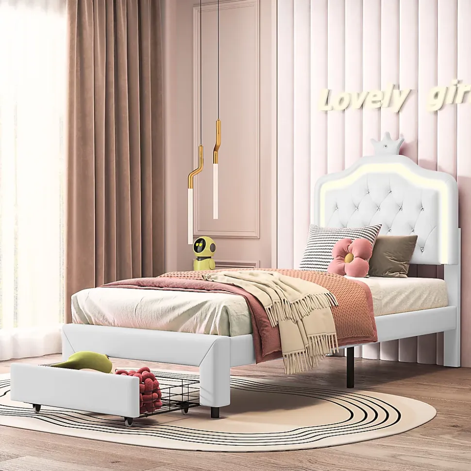 lit enfant 90x200 cm,lit simple capitonné 90 x 200 avec tiroir,LED réglable,lit princesse avec couronne,PU,blanc
