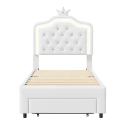 lit enfant 90x200 cm,lit simple capitonné 90 x 200 avec tiroir,LED réglable,lit princesse avec couronne,PU,blanc
