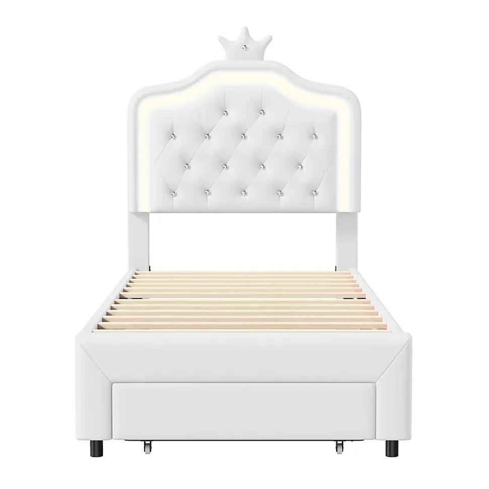 lit enfant 90x200 cm,lit simple capitonné 90 x 200 avec tiroir,LED réglable,lit princesse avec couronne,PU,blanc