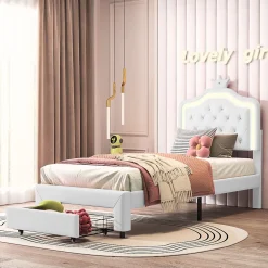 lit enfant 90x200 cm,lit simple capitonné 90 x 200 avec tiroir,LED réglable,lit princesse avec couronne,PU,blanc