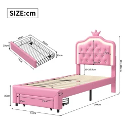 lit enfant 90x200 cm,lit simple capitonné 90 x 200 avec tiroir,LED réglable,lit princesse avec couronne,PU,ROSE