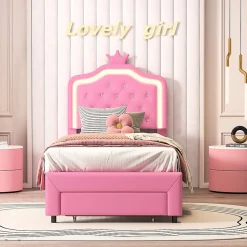 lit enfant 90x200 cm,lit simple capitonné 90 x 200 avec tiroir,LED réglable,lit princesse avec couronne,PU,ROSE