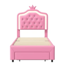 lit enfant 90x200 cm,lit simple capitonné 90 x 200 avec tiroir,LED réglable,lit princesse avec couronne,PU,ROSE
