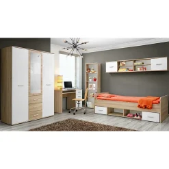 Lit enfant 90x200 collection DENVER. coloris chene et blanc. Tiroirs inclus